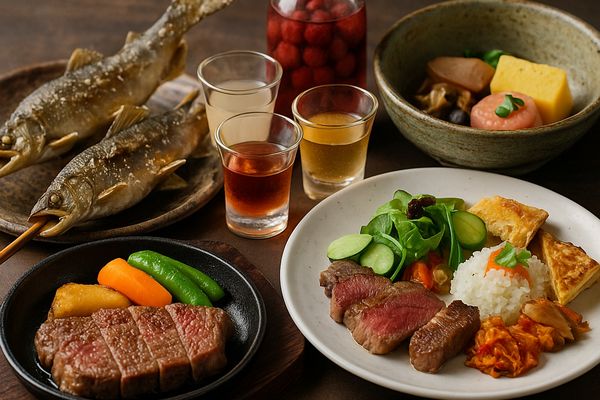 岩手の料理がすごい民宿5軒の代表料理を並べたイメージ