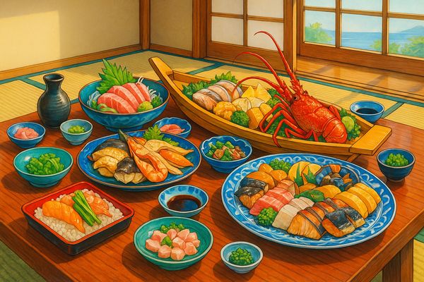 四国の料理がすごい民宿5選の料理イラスト|舟盛り・伊勢海老・皿鉢料理など海鮮尽くし
