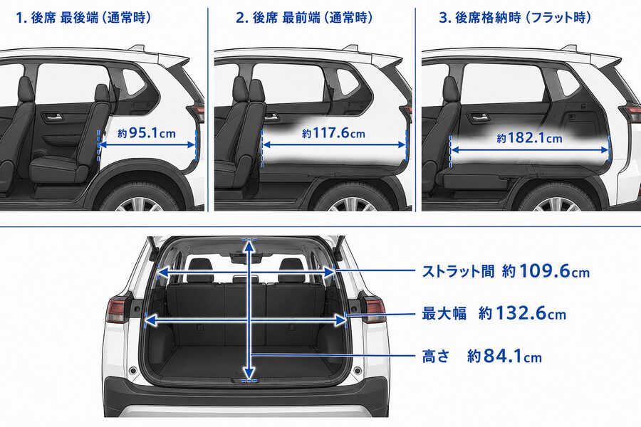 エクストレイルT33の5人乗りで2列目の位置別に比較した荷室寸法
