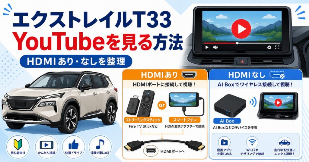 エクストレイルT33でYouTubeを見る方法をHDMIあり・なしに分けて示したアイキャッチ画像