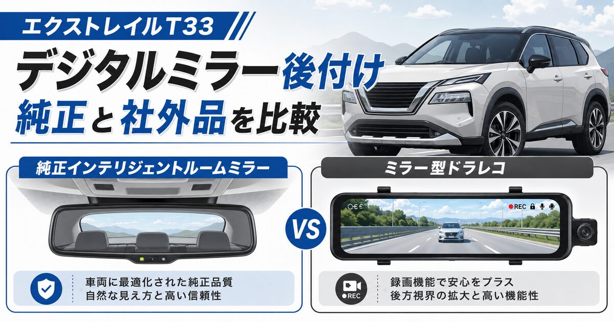 エクストレイルT33のデジタルインナーミラー後付けで純正インテリジェントルームミラーとミラー型ドラレコを比較したイラスト