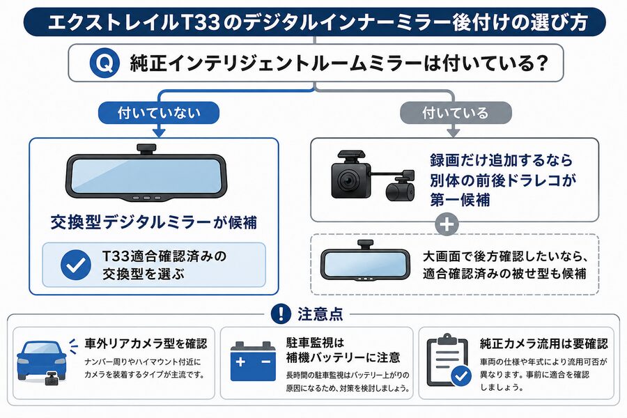 エクストレイルT33の純正インテリジェントルームミラーの有無から、交換型デジタルミラー・前後ドラレコ・被せ型ミラーを選ぶ流れと注意点を示した図