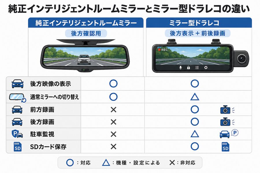 純正インテリジェントルームミラーとミラー型ドラレコの後方表示・録画機能・駐車監視・SDカード保存の違いを比較した図