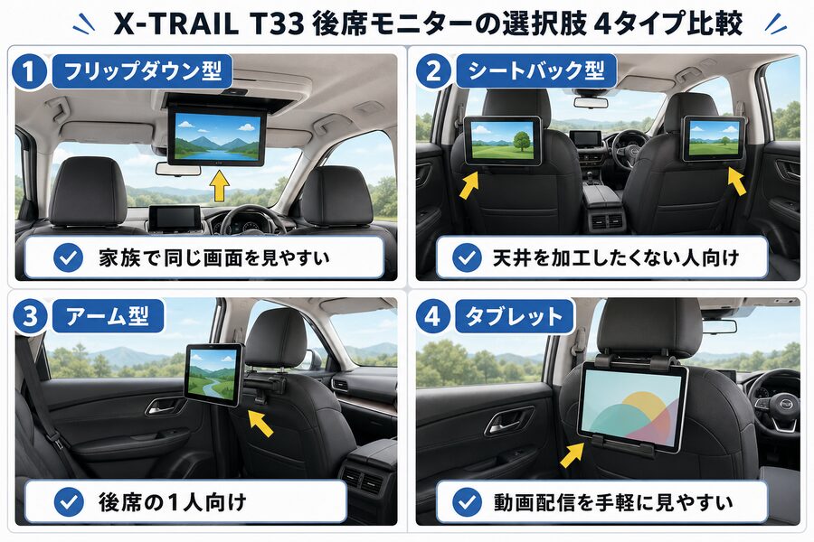 エクストレイルT33の後席モニター4種類を取り付け位置と特徴で比較した図