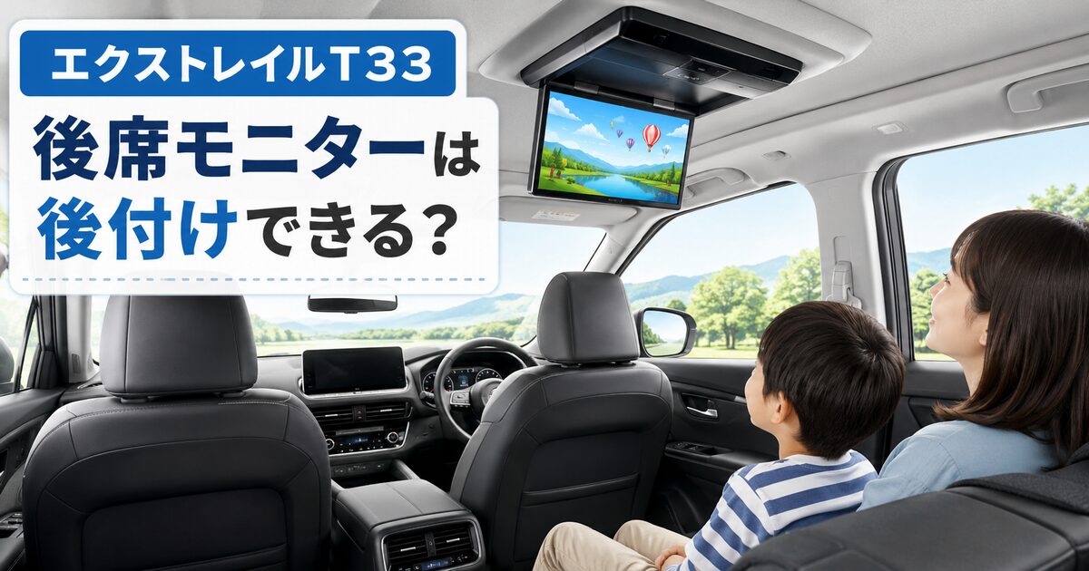 エクストレイルT33の車内に後付けされたフリップダウン式の後席モニターを見る親子