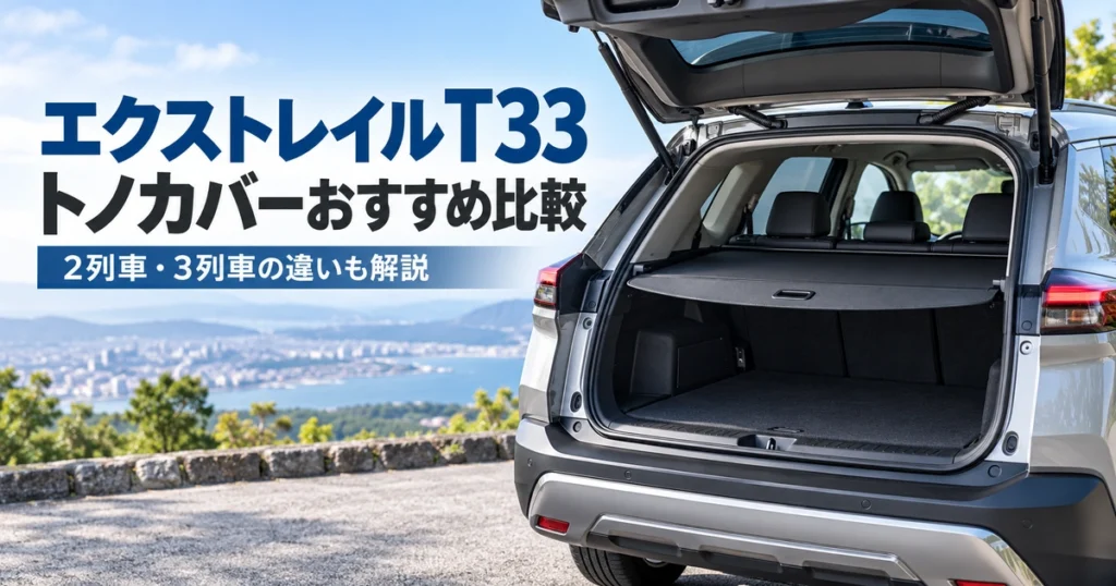 エクストレイルT33の荷室に装着したトノカバーと開いたバックドア