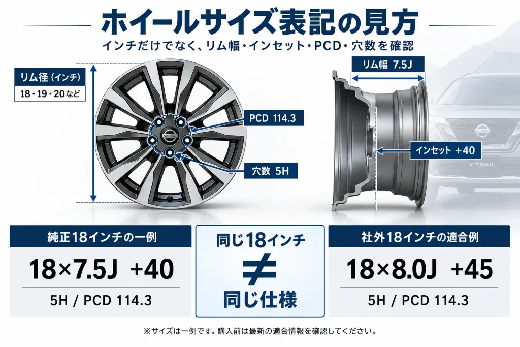 エクストレイルT33のホイールサイズ表記とリム幅・インセット・PCD・穴数の見方