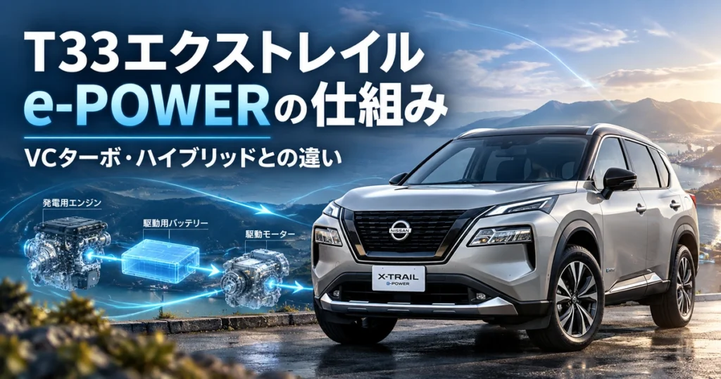 T33エクストレイルのe-POWERの仕組みとVCターボ・ハイブリッドとの違いを解説するアイキャッチ画像